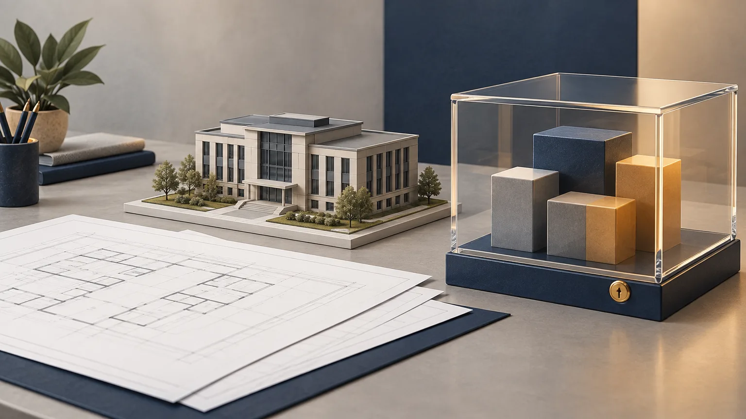 Conceptual illustration of construction plans and a protected fund beside an anonymous building.