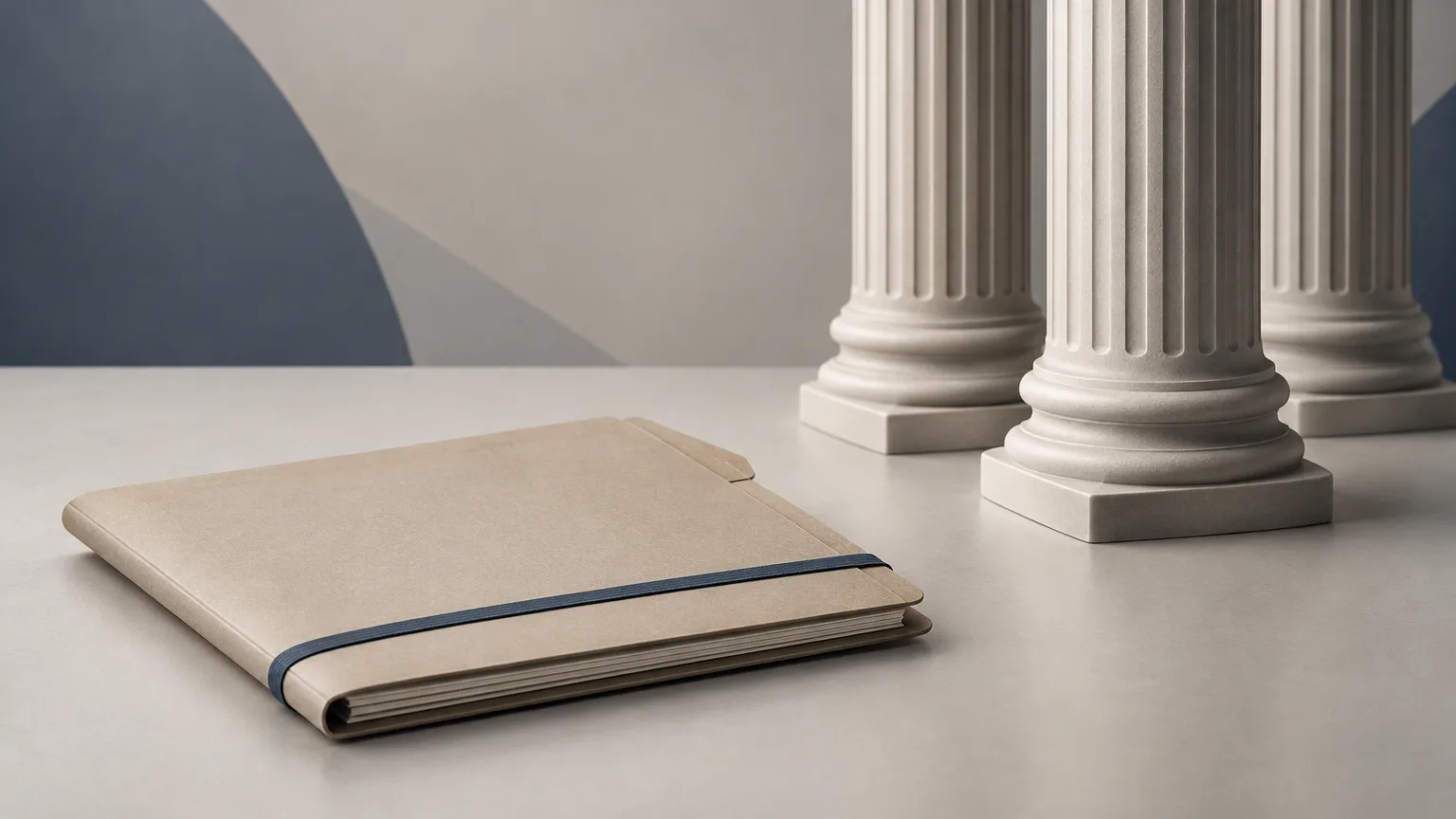 Closed blank case file beside abstract institutional columns.