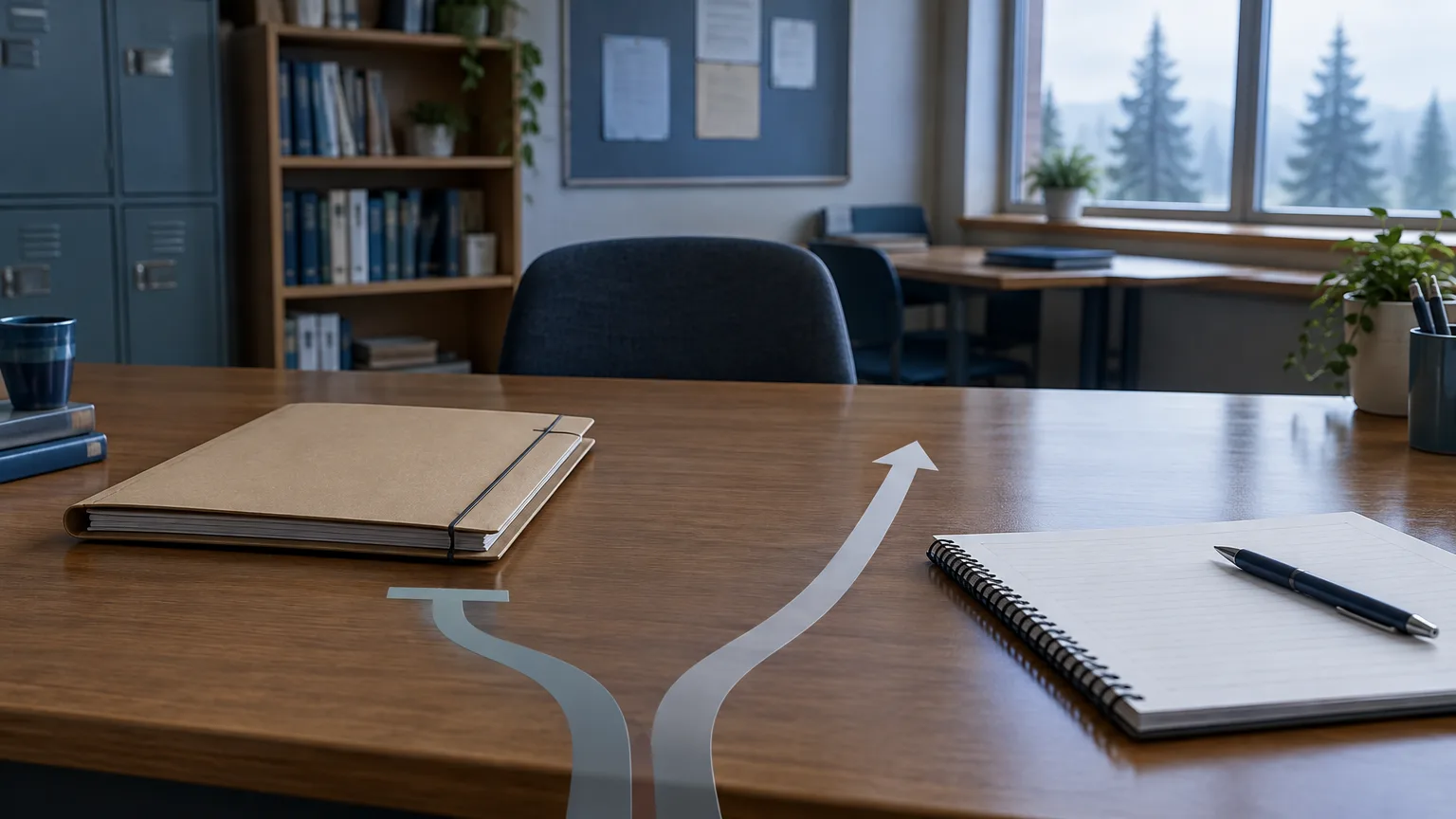 Conceptual illustration of employment paperwork on an empty teacher’s desk.