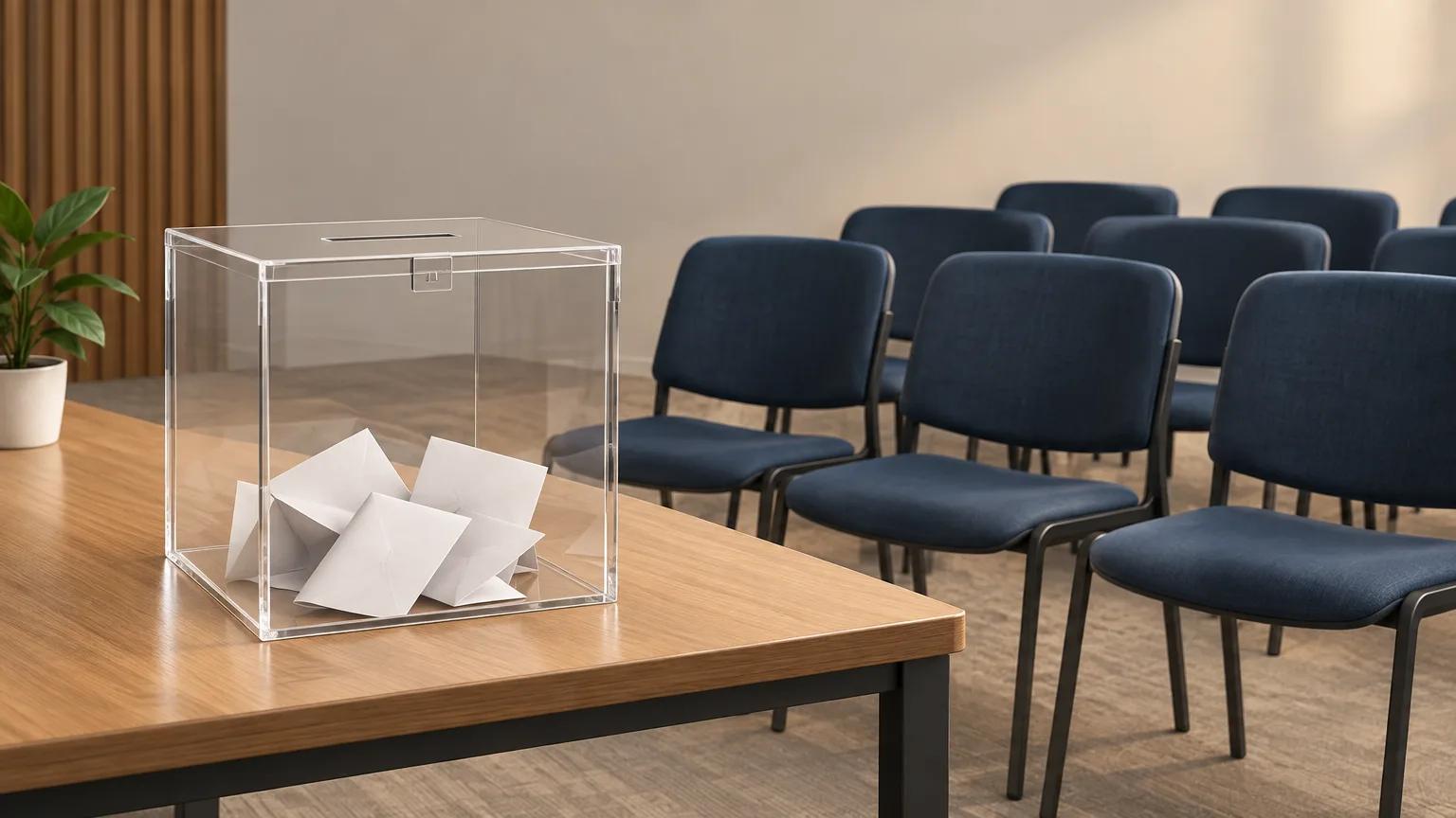 Conceptual ballot box in a university room representing graduate employees’ bargaining voice.