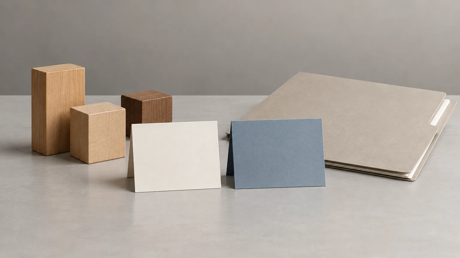 Abstract wooden blocks and blank cards representing a property valuation classification decision.
