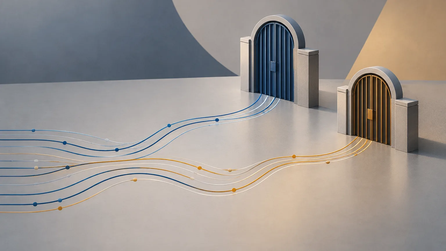 Conceptual illustration of two trading paths ending at different market-access barriers.