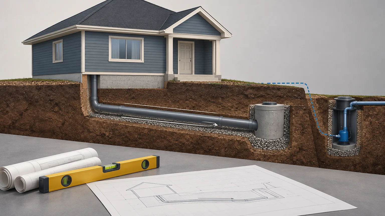 Conceptual illustration of a generic home's gravity sewer line and an alternative pump system, with construction plans.