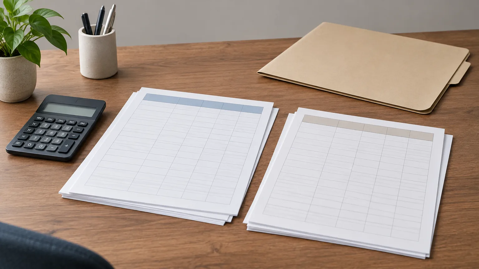 Conceptual illustration of a calculator, blank financial worksheets and an unmarked folder on a small-business desk.