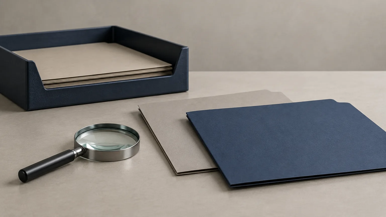 Conceptual magnifying glass and blank folders representing clarification of a public-records search.