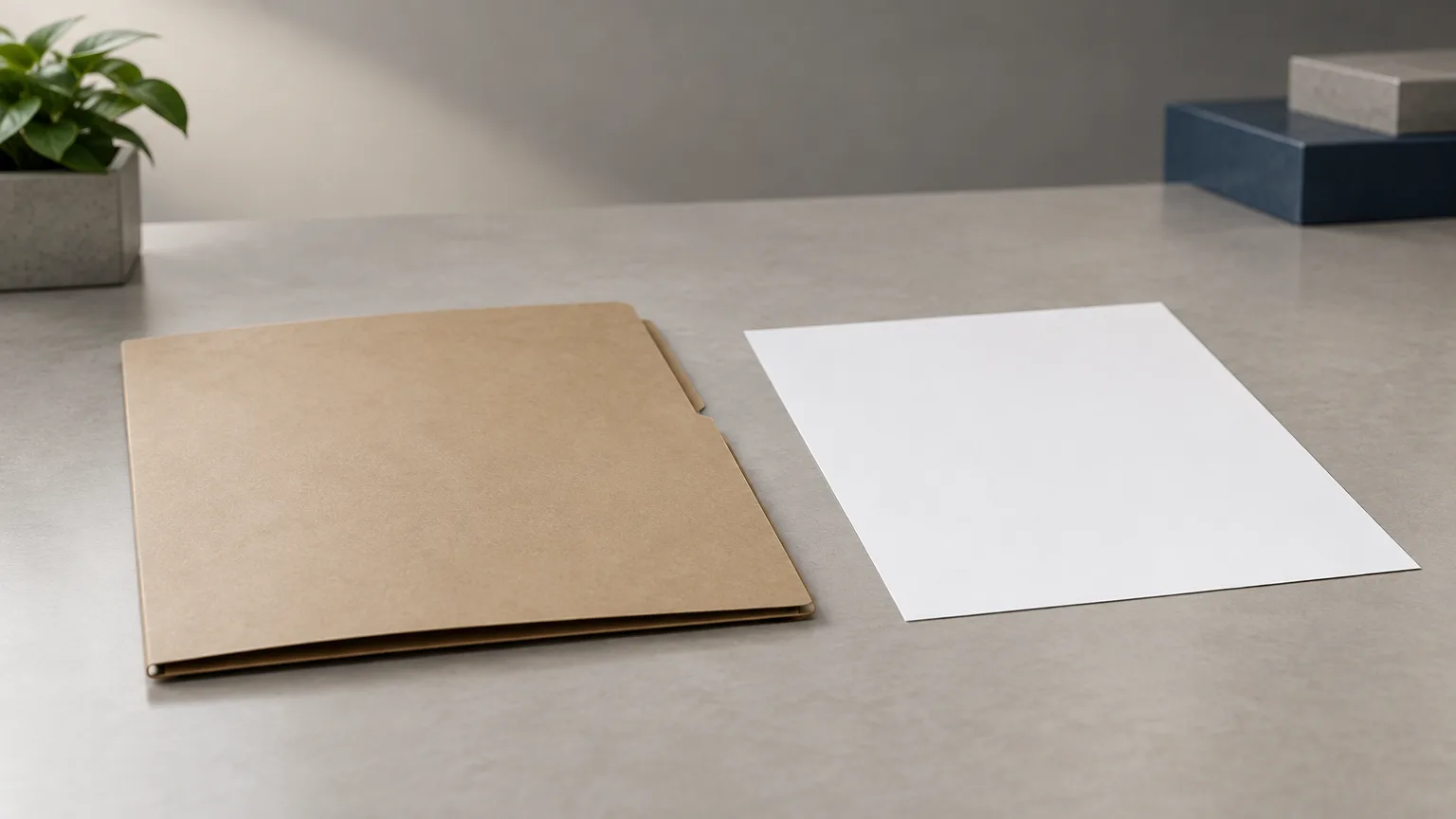 Unmarked folder and blank sheet on a neutral desk in a conceptual illustration.