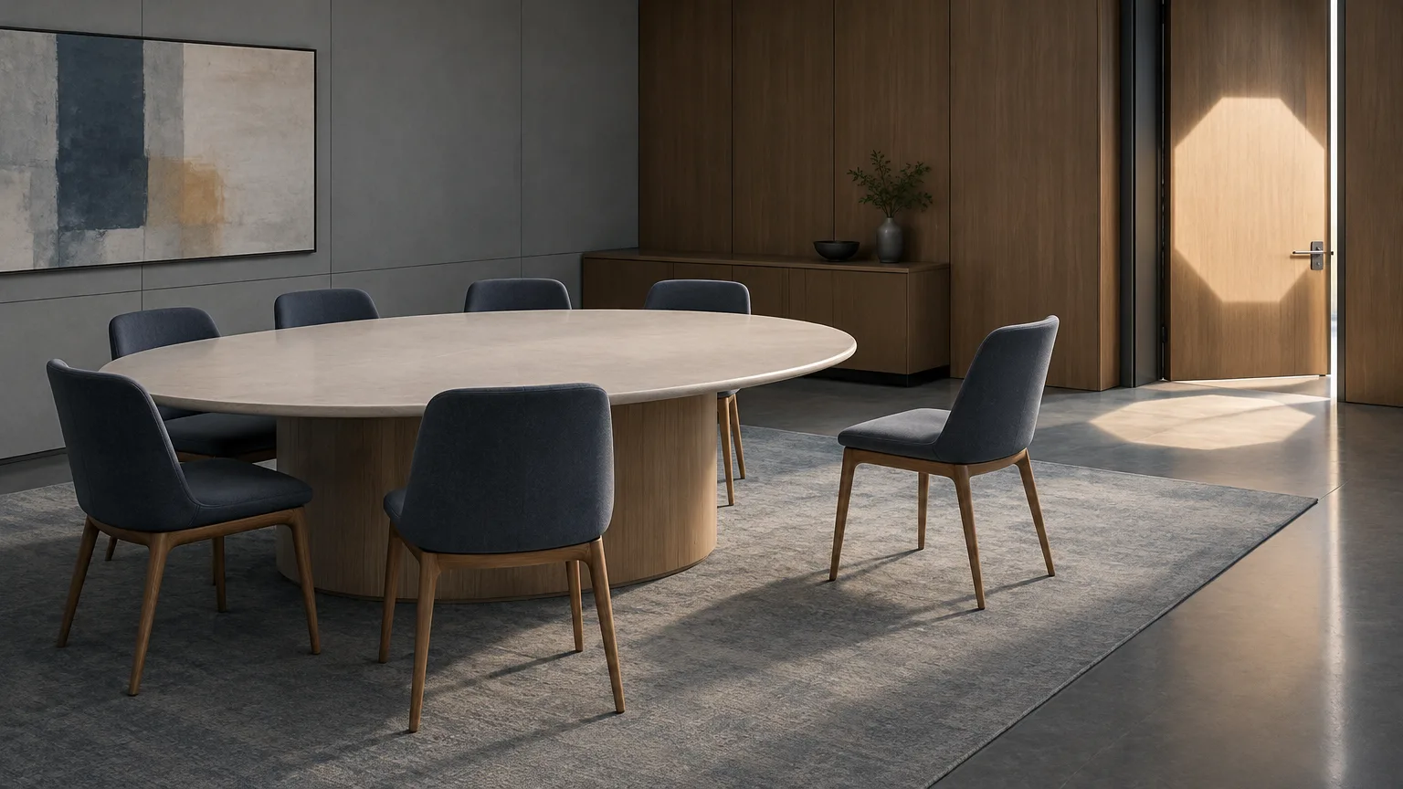 Conceptual illustration of an empty boardroom and chairs representing restrictions on corporate leadership roles.