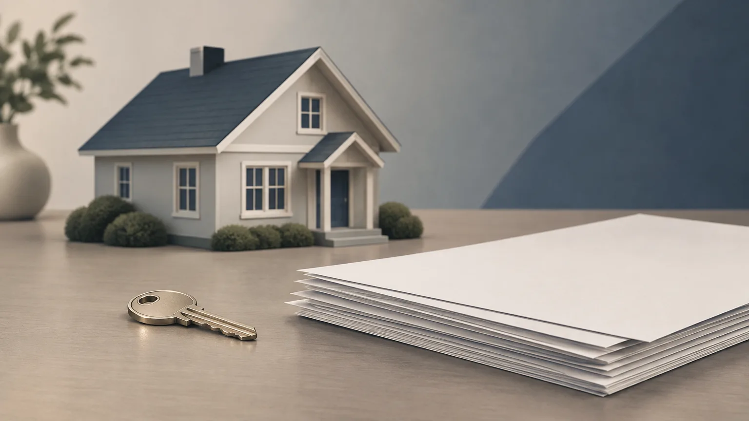 A generic model house, a small key and a stack of blank papers on a muted studio background.