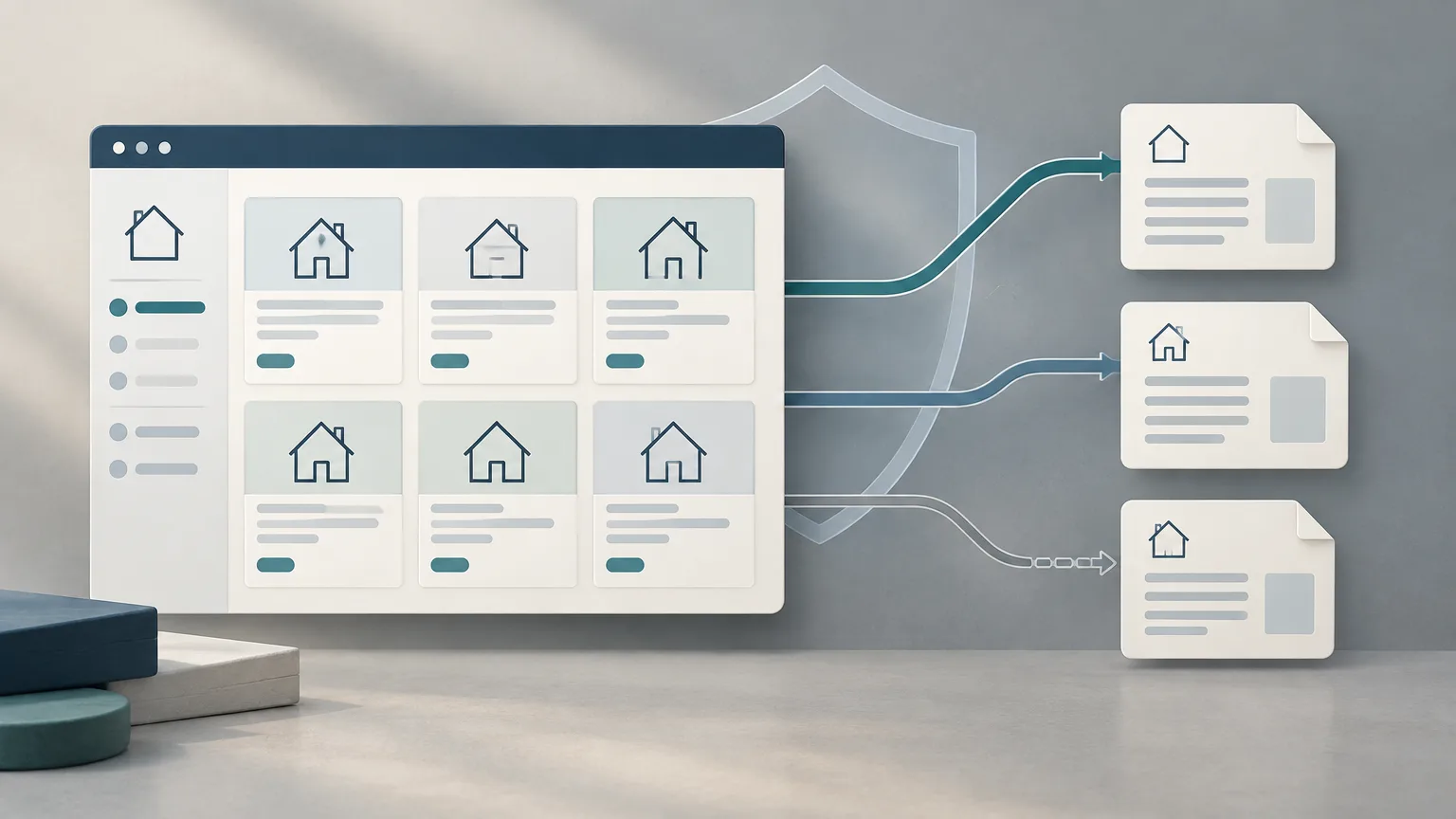 Conceptual illustration of generic property-listing cards and a privacy shield.