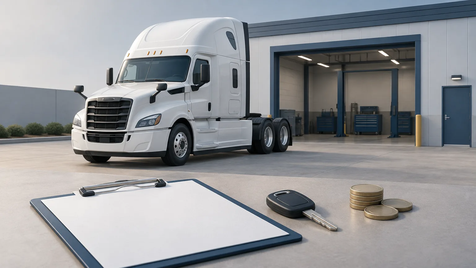 Conceptual illustration of an unbranded semi-truck outside a repair workshop, with a clipboard and vehicle key.