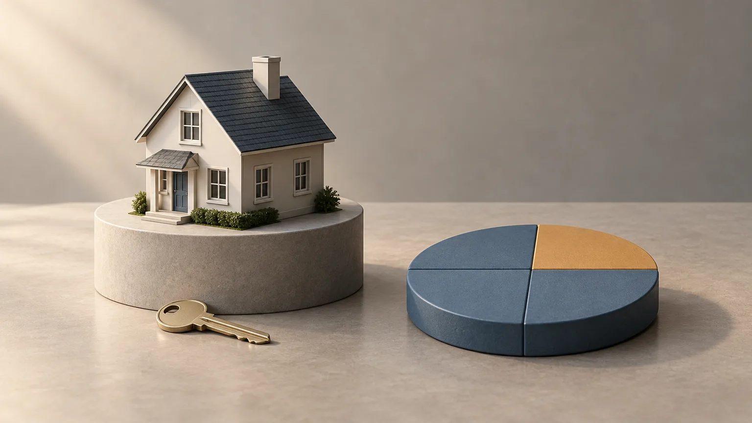 Conceptual illustration of an intact model house beside a four-part value disc representing unequal equity allocation.