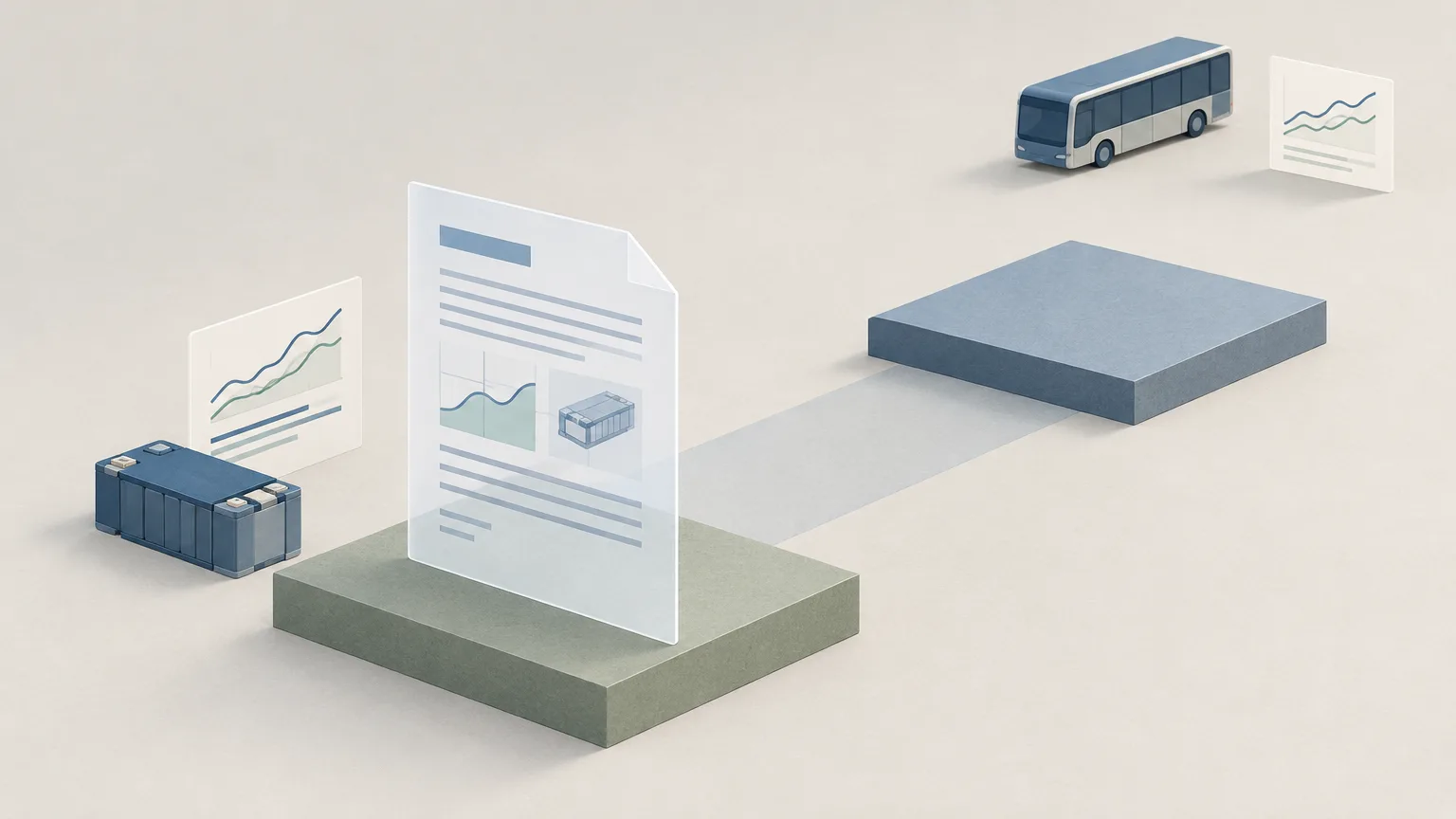 Conceptual illustration of an expert report at the first of two procedural thresholds, with an electric bus and abstract investment chart in the background.