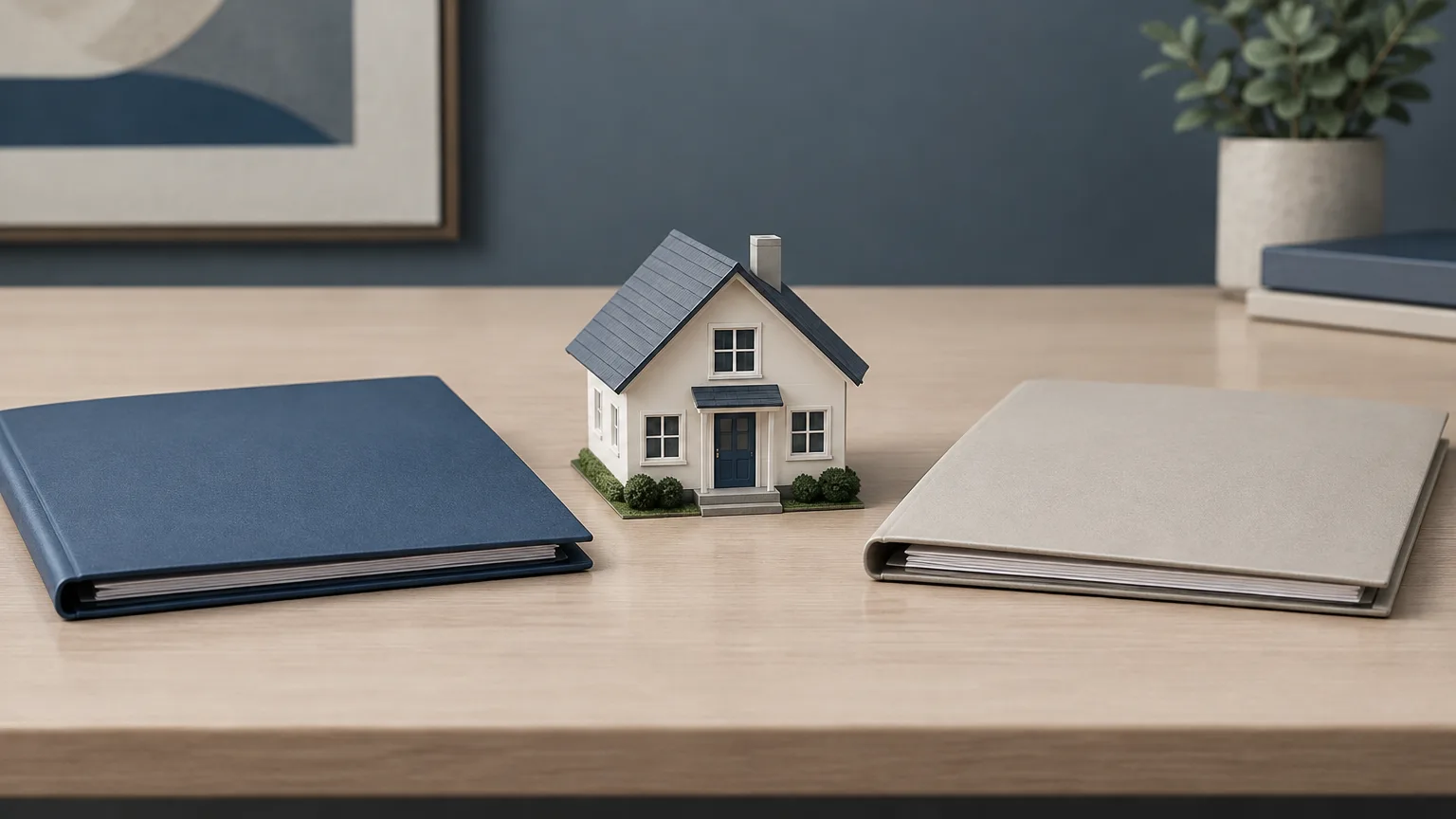 Conceptual illustration of plain document folders and a generic house model on an office desk.
