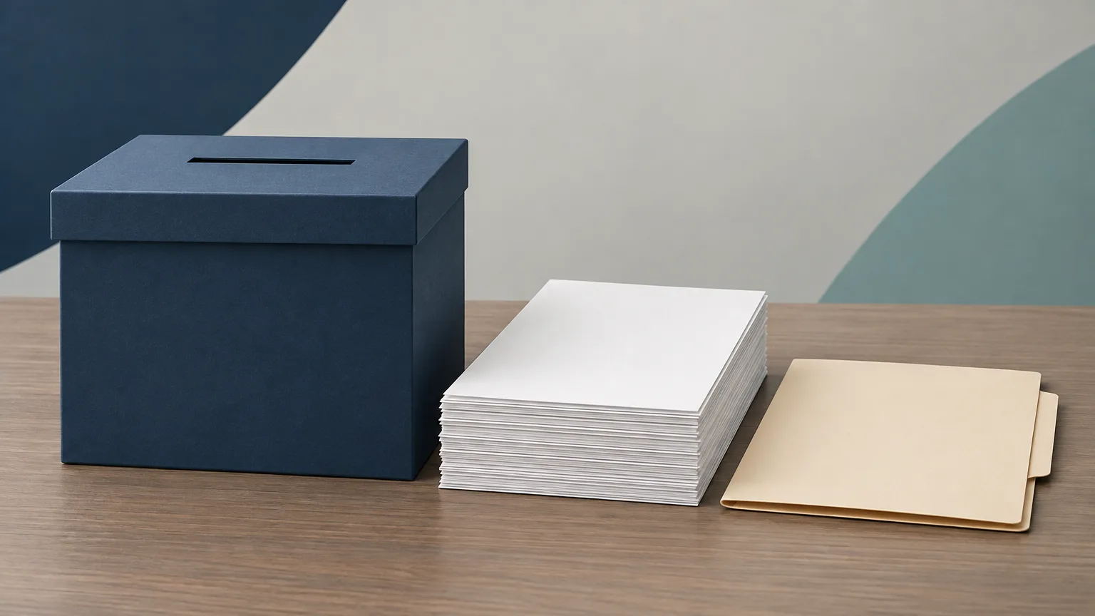 Conceptual illustration of a plain ballot box beside a folder and a neatly bounded stack of court papers.