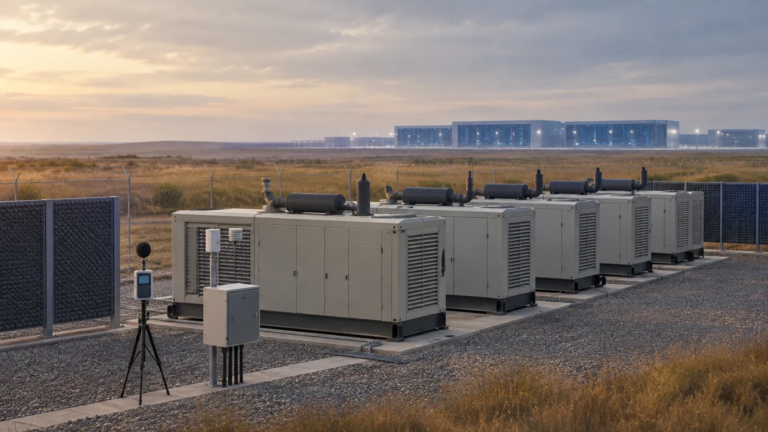 Conceptual modular generating equipment and distant server lights, illustrating separate power-plant and data-centre approvals.