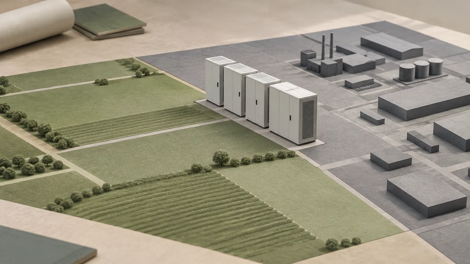 Conceptual illustration of battery-storage models and distinct land-use zones representing a planning dispute.