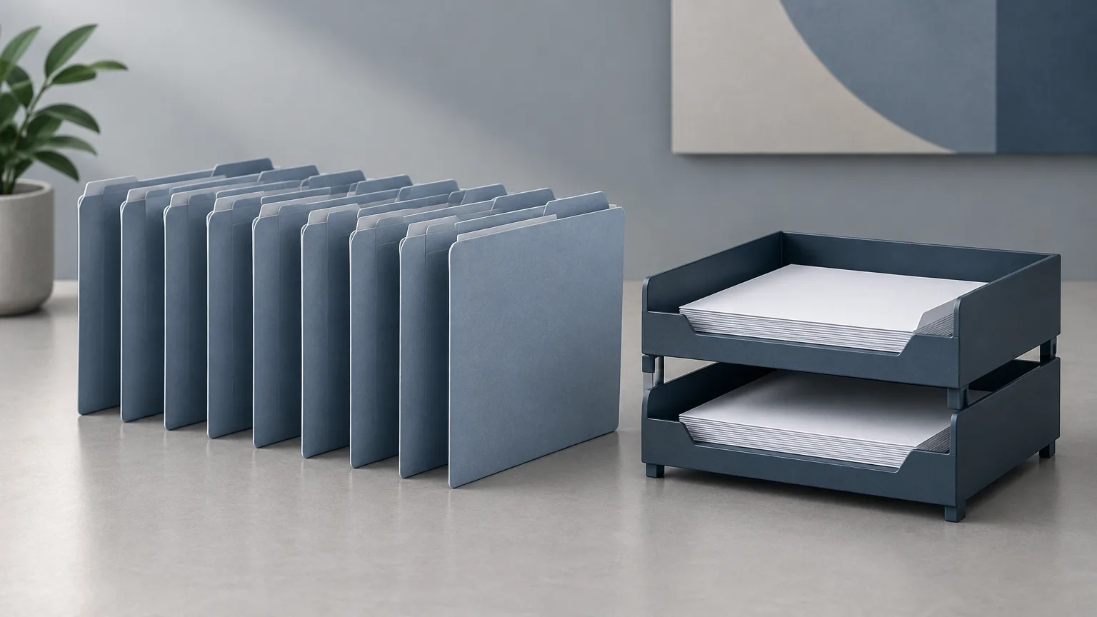 Conceptual illustration of blank request folders beside two document trays.