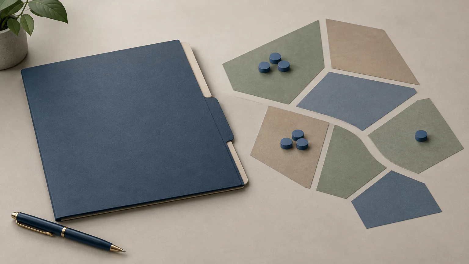 Conceptual illustration of a blank land-planning folder and abstract lot shapes.