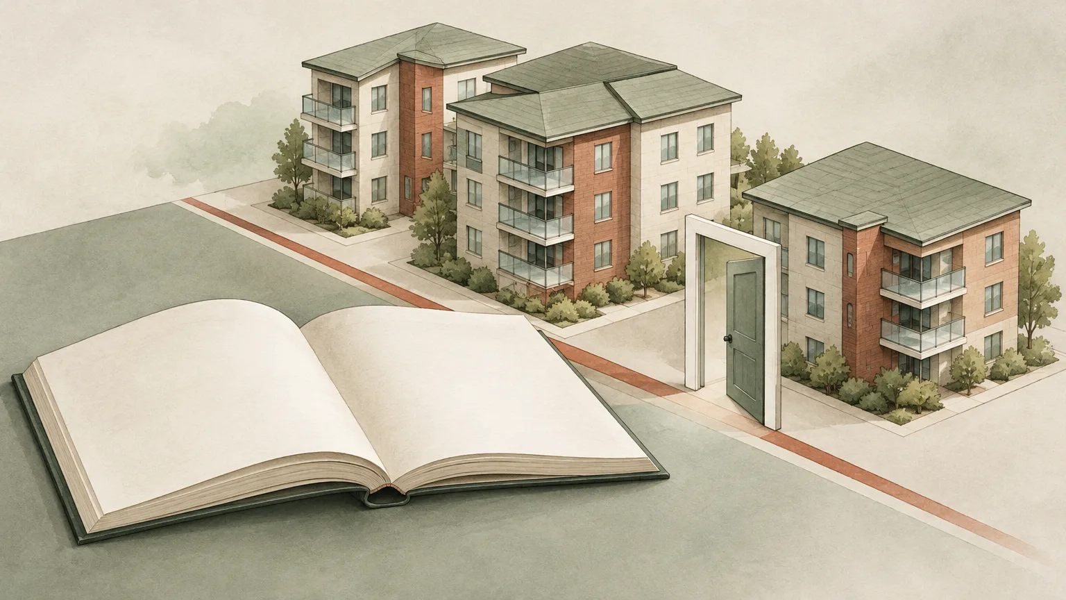 Conceptual illustration of low-rise condominium buildings beside an open rulebook.