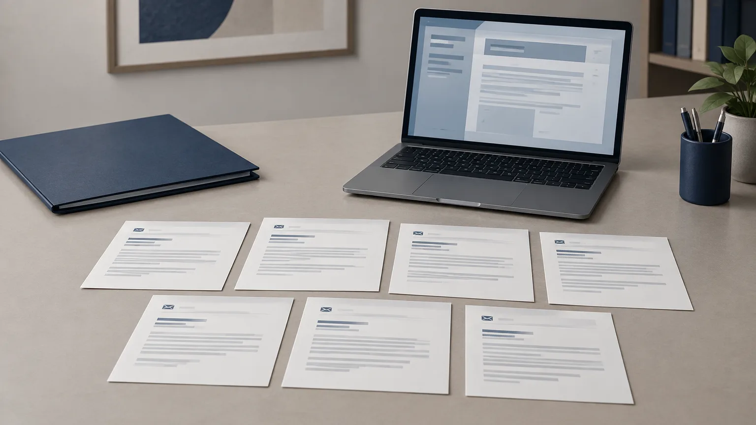 Conceptual illustration of anonymous email documents, a folder and a laptop for a civil disclosure dispute.