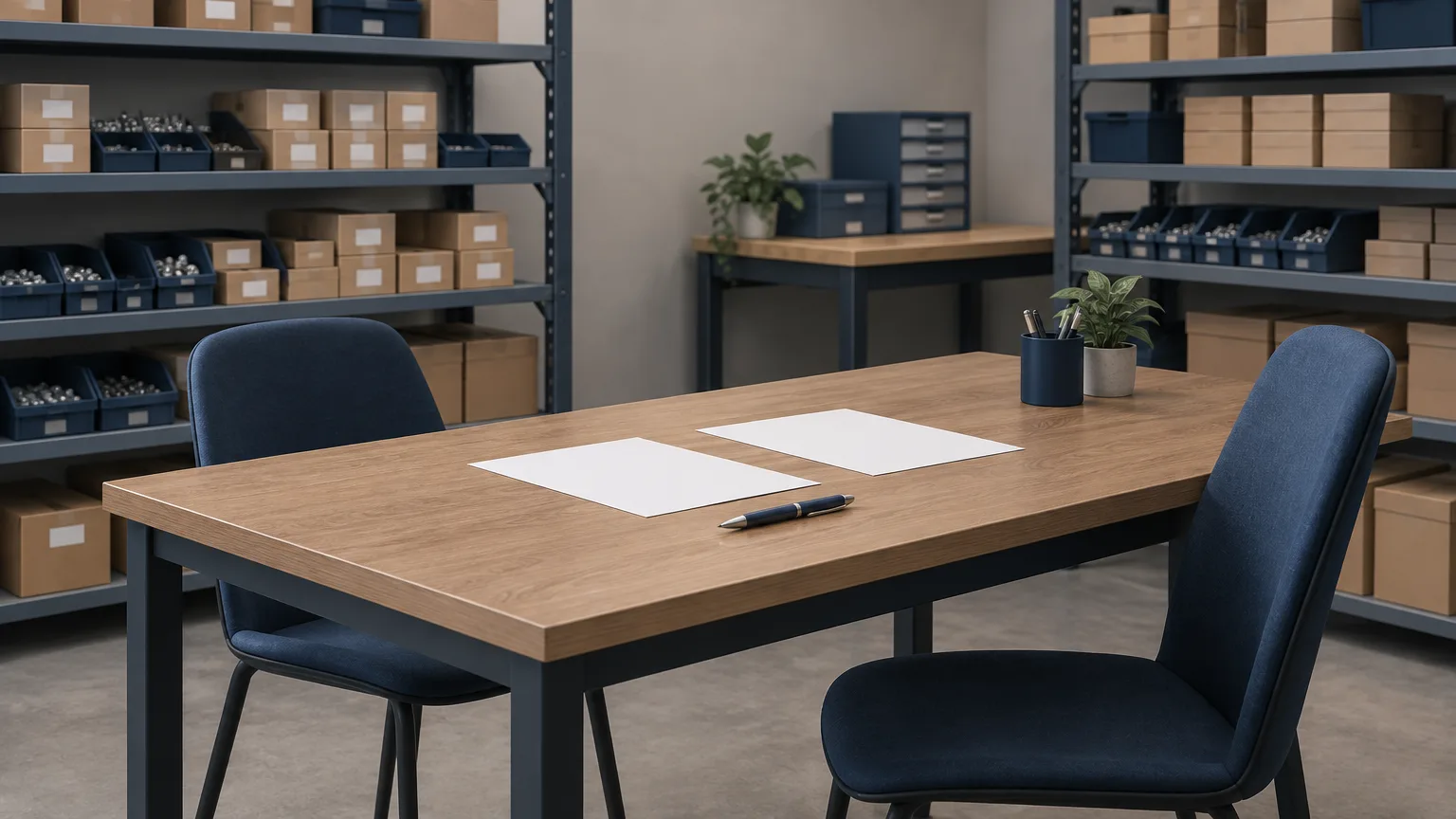 Illustration of an empty small-business workspace with inventory boxes and unmarked paperwork.