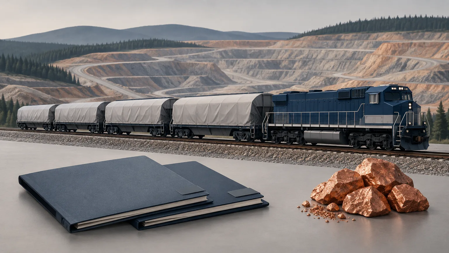Conceptual illustration of an unbranded freight train, a distant mine and arbitration papers representing a rail-shipping dispute.