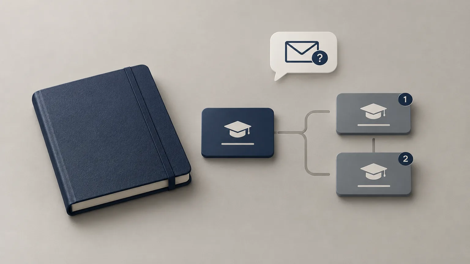Conceptual illustration of a study notebook and a question about course choices.