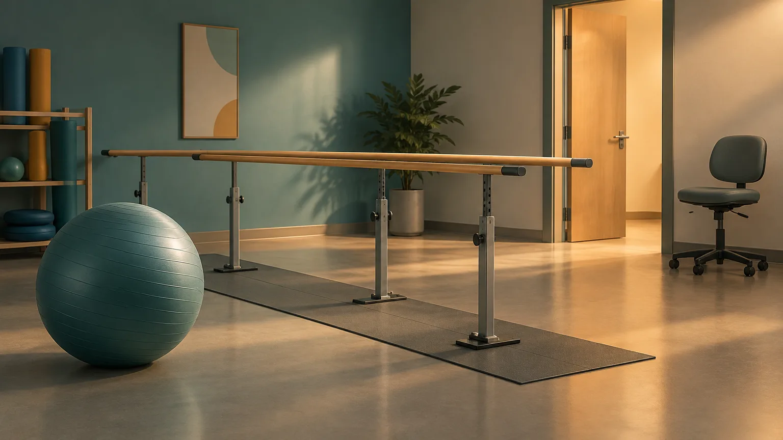 Conceptual physiotherapy workspace illustrating an employment accommodation and compensation ruling.
