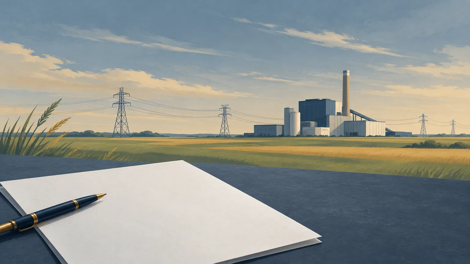 Conceptual illustration of prairie electricity infrastructure and legal paperwork representing a judicial-review dispute over energy policy.