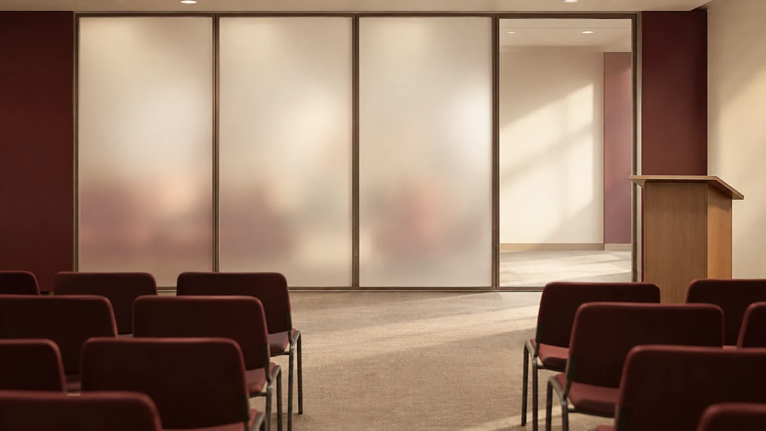 Conceptual illustration of daylight passing through a clear panel in an empty university seminar room.