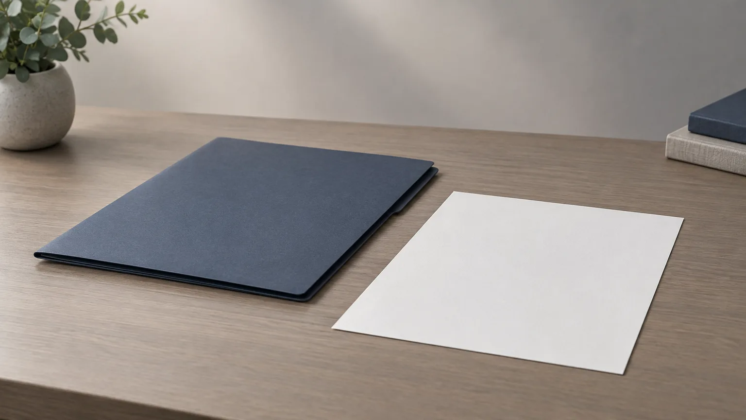 Conceptual illustration of an unmarked folder and a blank sheet on a desk.