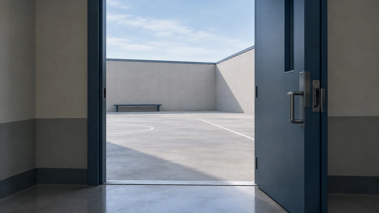 Conceptual illustration of an empty institutional exercise courtyard, not the correctional centre or Lennon's actual conditions.